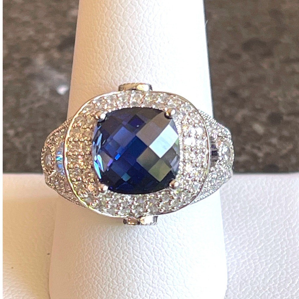 Sterling Silver Cushion-Cut Blue Simulated Sapphire &CZ Halo Statement Ring SZ10